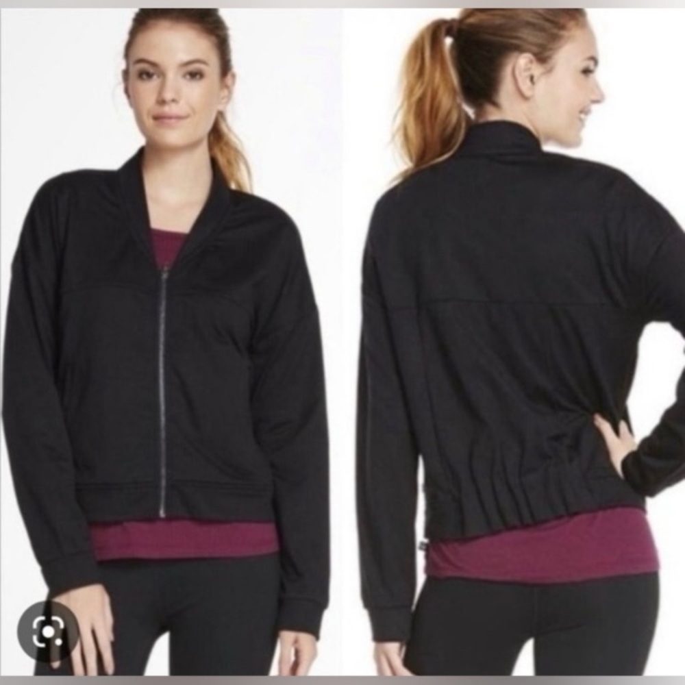 Fabletics Black Attis Activewear Full Zip Cropped Bomber Jacket